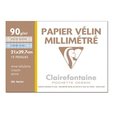 Clairefontaine - Pochette papier à dessin millimétré velin - 12 feuilles - A4 - 90G