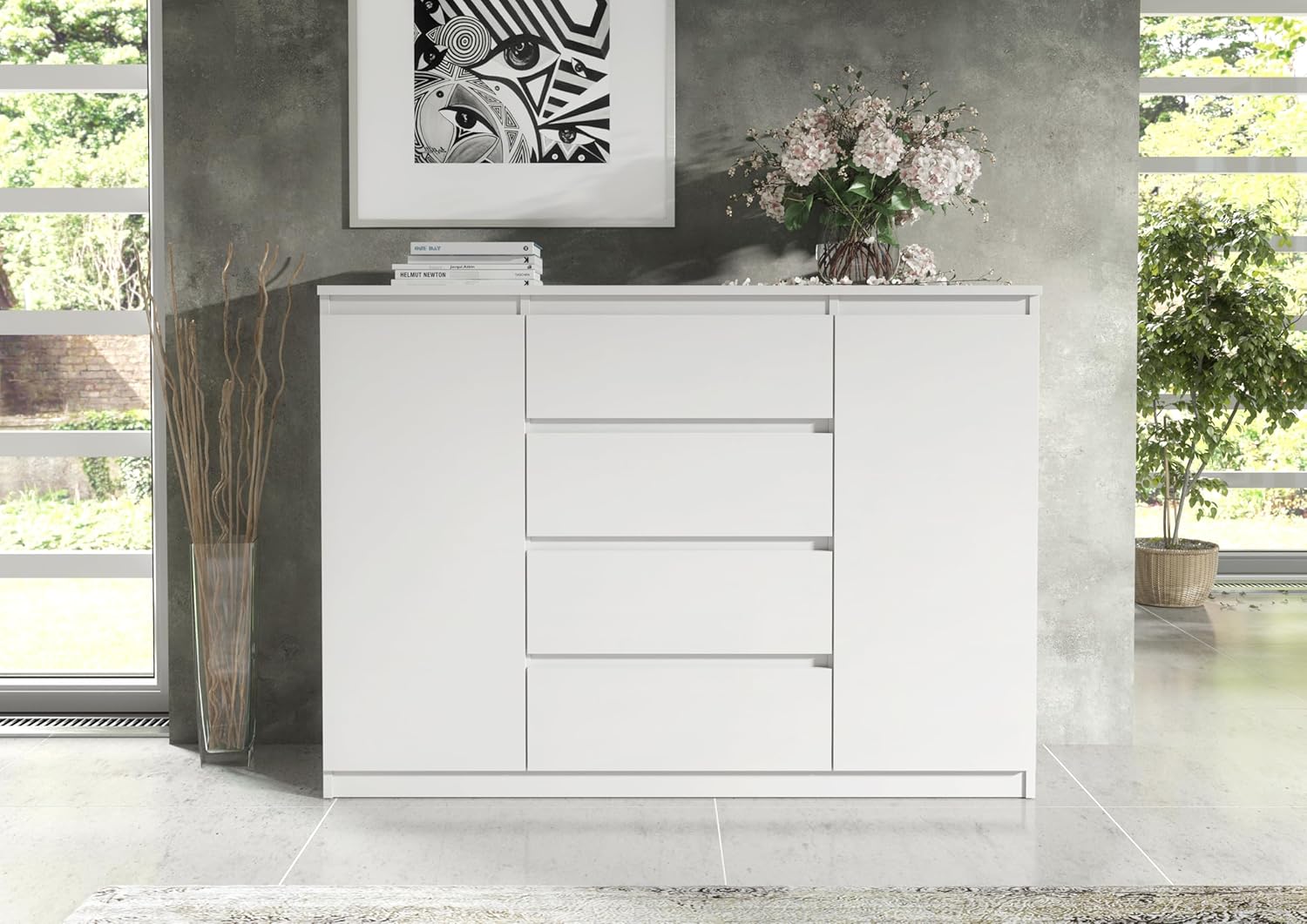 meble masztalerz Kommode Weiss mit 4 Schubladen und 2 Türen 120 cm, Sideboard Wohnzimmer, Schlafzimmer H: 101,5 cm, B: 120,4 cm, T: 39 cm, Kommode mit Schubladen, Schubladenschrank
