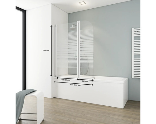 2-delige badwand SCHULTE Komfort ExpressPlus 114 x 140 cm, glasdecor met horizontale strepen, profielkleur wit EP1653 04 72 140