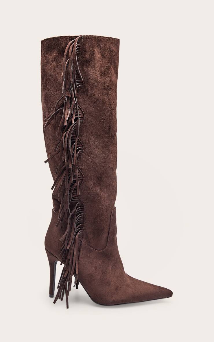 Chocolat Bottes Hautes À Talons En Synthétique À Franges
