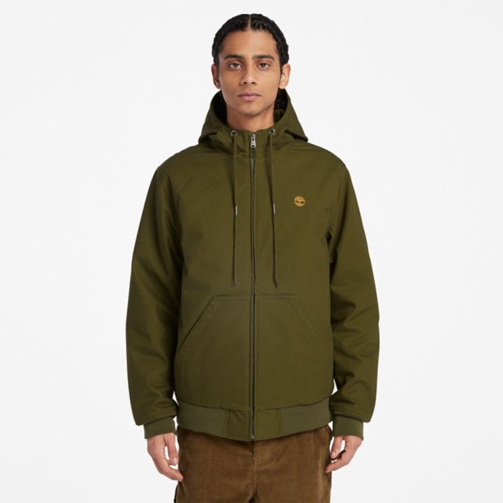 Jaqueta bomber masculina com capuz e isolamento térmico em lona verde.