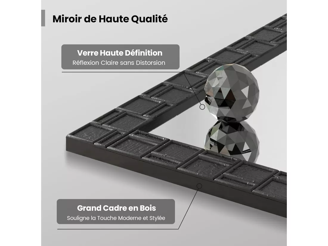 Miroir mural rectangulaire 80 × 60 cm, cadre en bois d’hévéa, miroir suspendu moderne