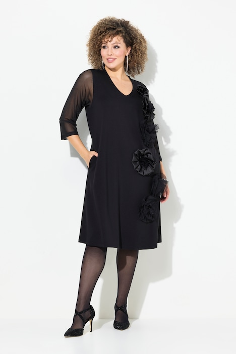Jerseykleid, 3D-Blüten, V-Ausschnitt, 3/4-Arm, Taschen