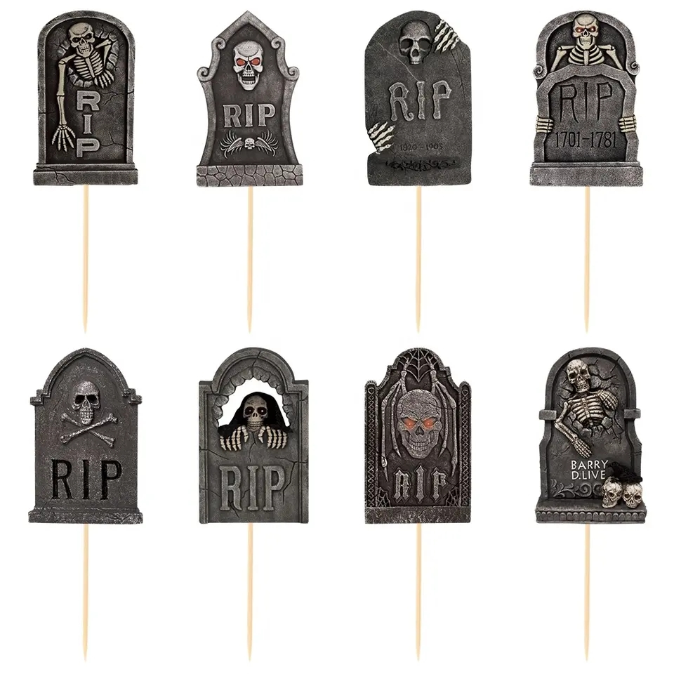 (8-tlg. Set) Halloween Kuchenstecker Grusel Tortenstecker Party Deko Topper für Torten / Kuchen - Grabstein