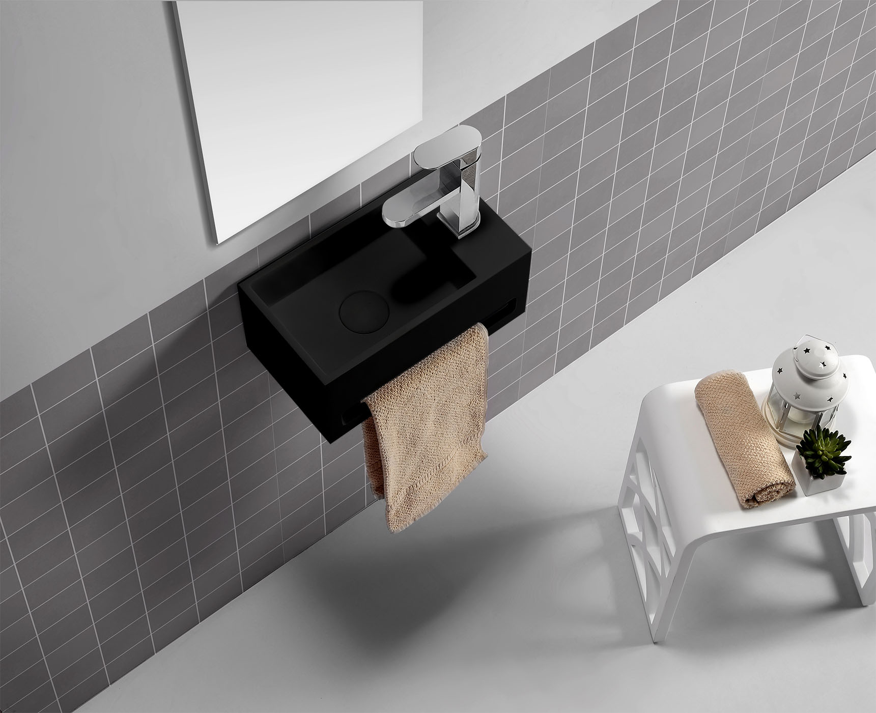 SCHADEMODEL: Saniclear Bali mat zwarte solid surface fontein 36x20cm rechts