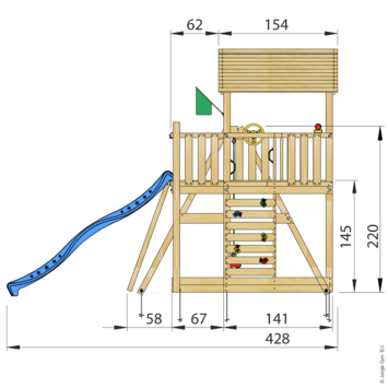 Speeltoestel Jungle Gym Chalet grenen geïmpregneerd met glijbaan blauw en 1-schommel module
