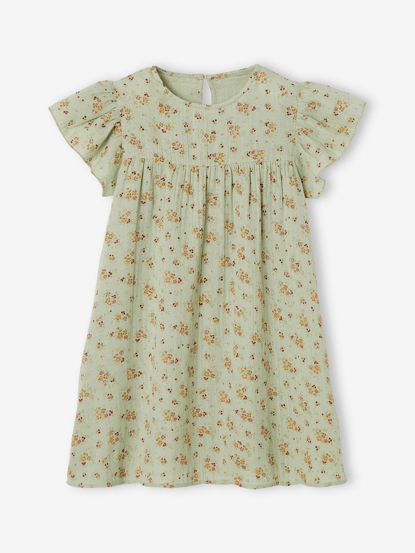 Vestido infantil de chiffon de algodão estampado com mangas borboleta, na cor verde-água.