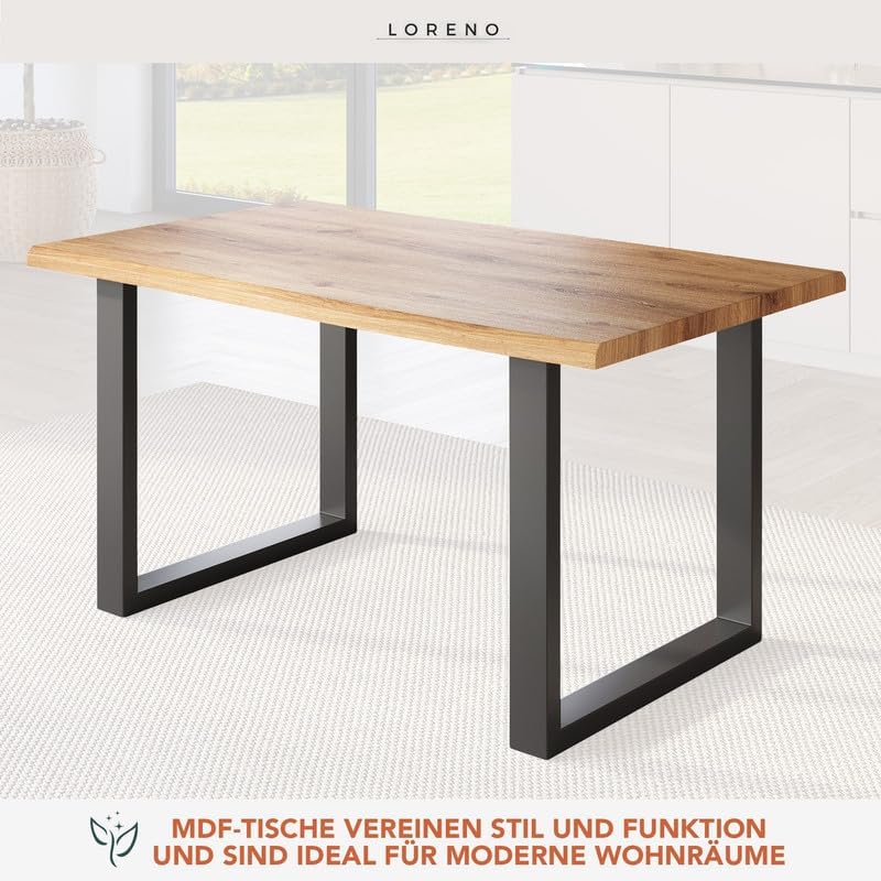Loreno Esstisch - 200 cm x 100 cm – 4 cm MDF Tischplatte, Wildeiche-Optik – U-Gestell – Schwarz - Perfekt für Esszimmer und Küche