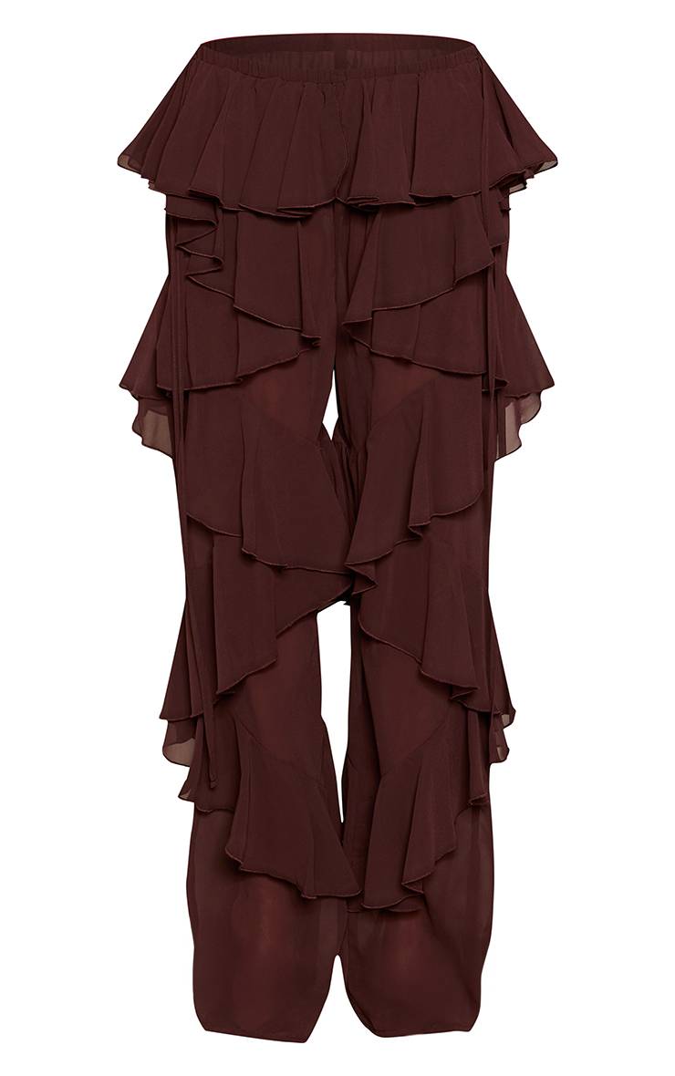 Chocolat Pantalon Large En Mousseline À Volants Étagés