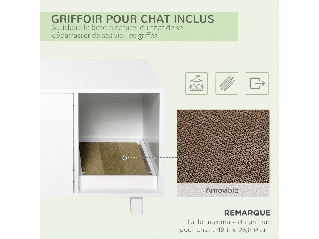 Maison de toilette pour chat - 2 portes, niche, grattoir amovible - MDF blanc