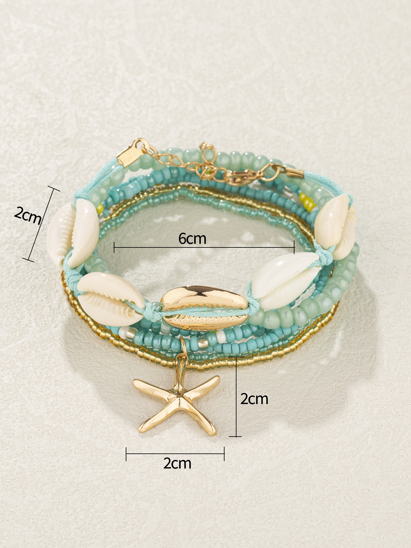 (7er Set) 155-210mm Perlen Armband Muschel Modeschmuck Sommer Boho Armkette mit Seestern Anhänger - Türkis / Gold