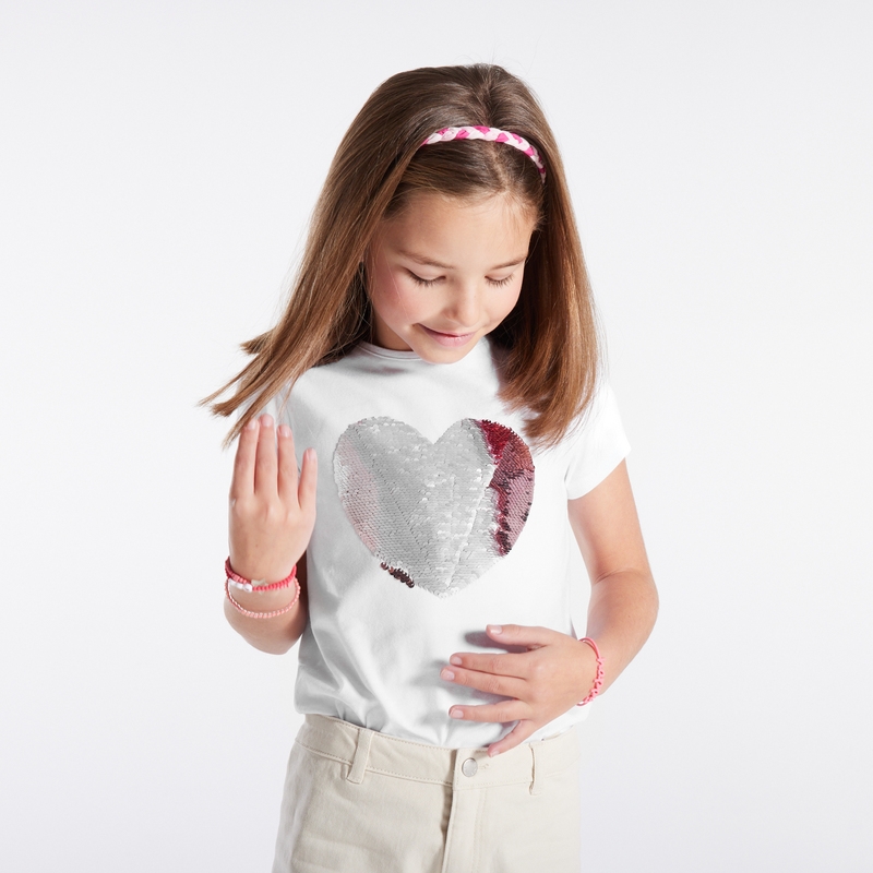 T-shirt à sequins magiques motif cœur rose fille