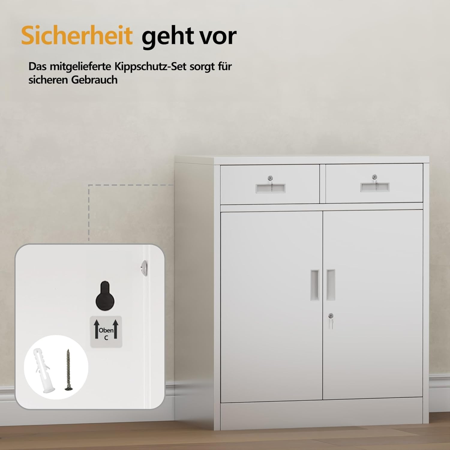 Aktenschrank, Mehrzweckschrank, Büroschrank mit 2 Türen, Schrank abschließbar, Aufbewahrungsschrank Stahl, 2 Schublade und 1 Verstellbarer Einlegeboden für Büro, Garage(Weiß, 90 * 80 * 40)