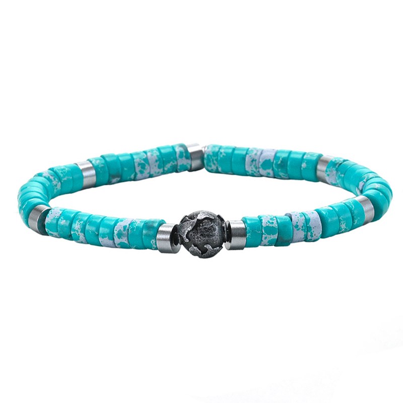 Bracelet Perles Heishi Pierres Naturelles Jaspe Impérial Bleu Ciel, Planète Acier-XS-14cm