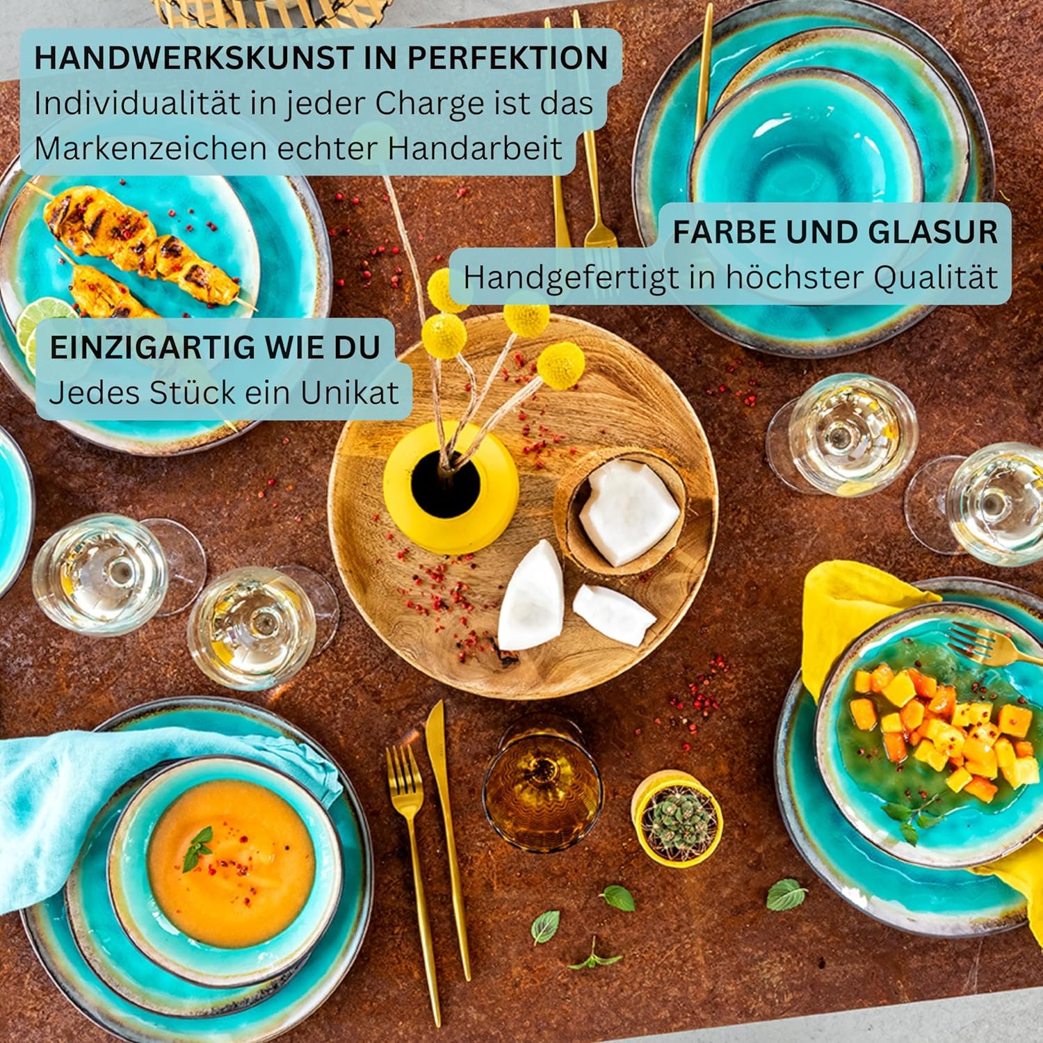 SÄNGER | Geschirrset Capri 12 tlg, Teller Set 4 Personen, Steingut Geschirr inkl. Speiseteller Dessertteller & Tiefe Teller, Tafelservice Handmade Türkis Blau mit Grauem Rand | PREMIUM COLLECTION