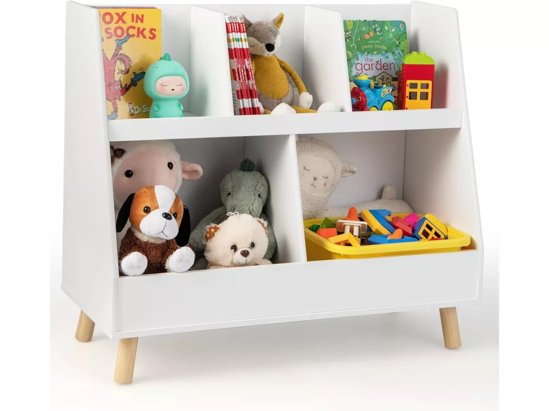 Bibliothèque enfant à 2 niveaux avec 5 cubes, étagère à livres en bois, 80x35x71 cm
