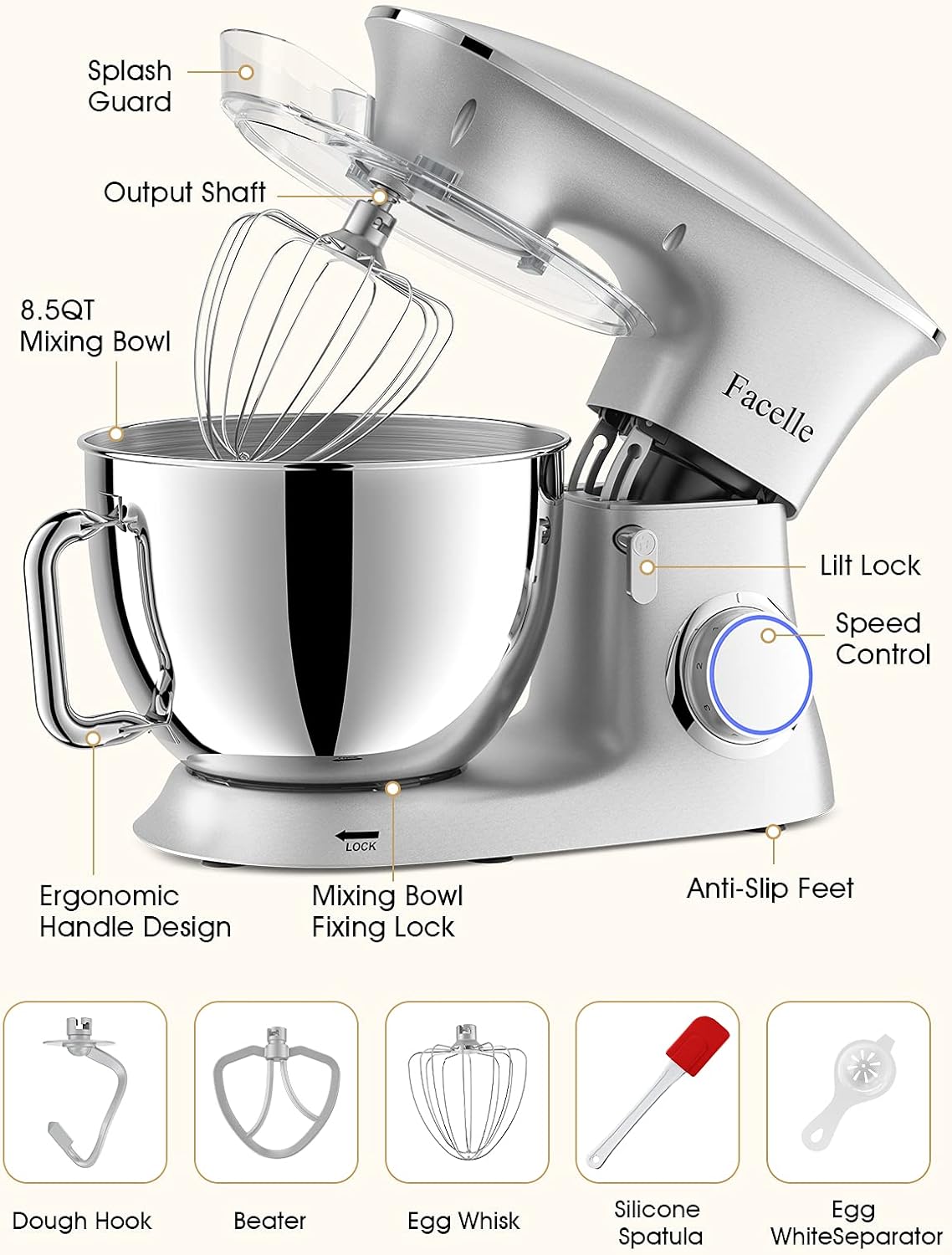 Küchenmaschine Knetmaschine 2000W 8,5L Facelle Teigknetmaschine Teigmaschine Rührmaschine mit Schneebesen, Knethaken, Rührbesen & Spritzschutz zum Backen, Kuchen, Kekse, Kneten, 6+P Geschwindigkeit