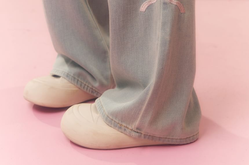 Zeedaren - Plus Size High Rise Washed Bow Borduurde Wijde Pijpen Jeans