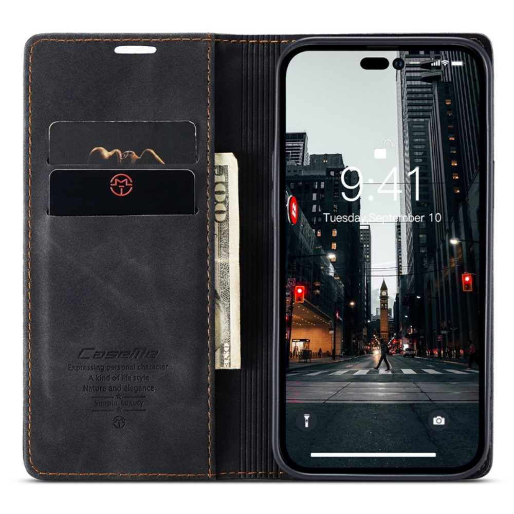 iPhone 14 Pro Max Leder Tasche Flip Wallet Etui mit Kartenfächern - Schwarz