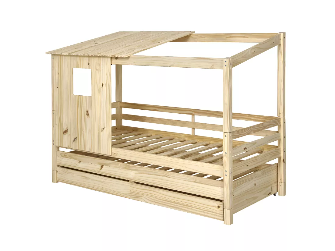 Pack lit cabane gigogne avec 2 matelas 90x200 cm bois massif bois naturel ALMA