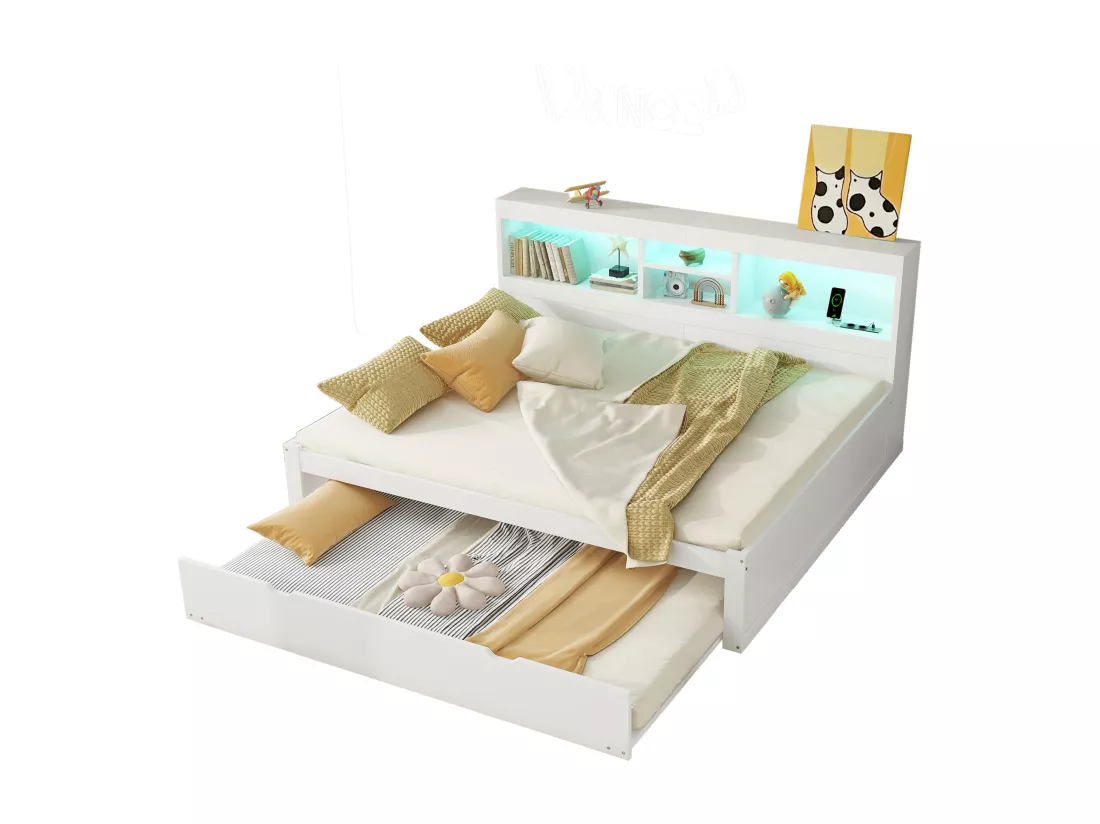 Lit banquette 140x200cm avec un lit gigogne 90x190cm - chevet de rangment avec LED et prises - Blanc