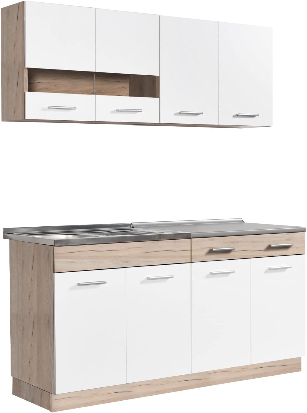 Homestyle4u 2354, Küchenschrank mit Arbeitsplatte, Küchenzeile ohne Elektrogeräte, Eiche Holz Weiß 160 cm