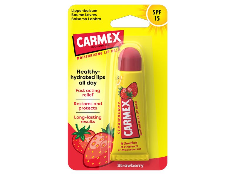 Carmex Lippenpflege Strawberry LSF 15 10 g Hochwertiger Lippenbalsam für spröde Lippen