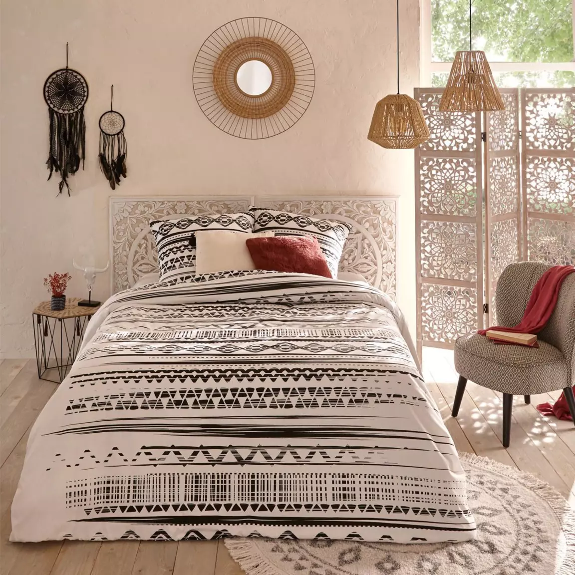 Tapis de salon rond coton (120 cm) Etnik Noir et blanc