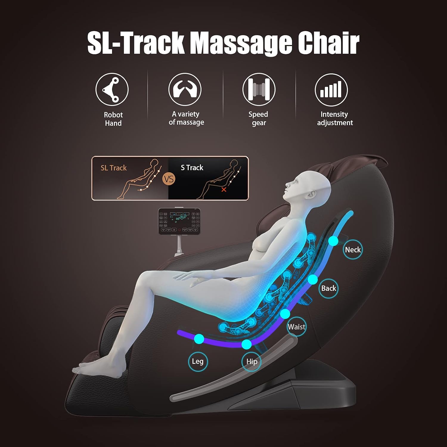 Poltrona de Massagem Real Relax, Corpo Inteiro com Gravidade Zero, Trilho SL, Massagem Shiatsu, Aquecimento, Escaneamento Corporal, Rolo de Massagem para os Pés, Controle por Aplicativo e Bluetooth, Favor-06 Marrom