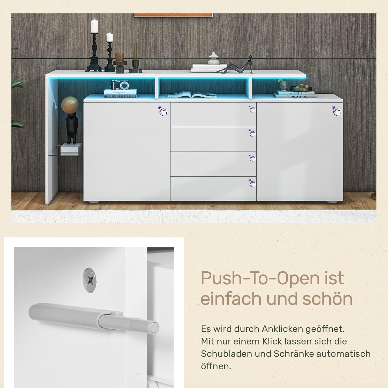 LANTRO JS Kommode Weiß Sideboard Wohnzimmer, Kommode 160 cm Breit, Highboard LED-Beleuchtung mit App Steurung, 70H x 160B x 35Tcm