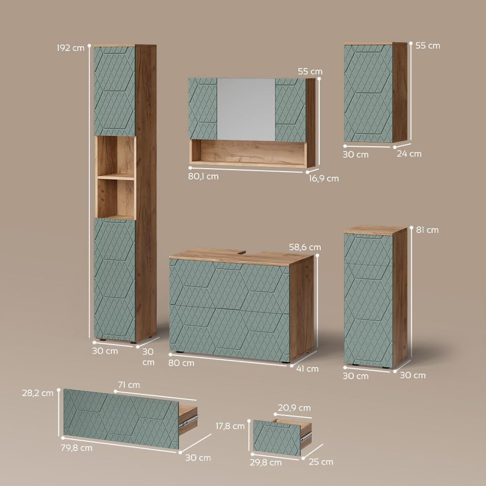 Livinity Badmöbel-Set Ronco, Grün/Goldkraft Eiche, 5 Teile