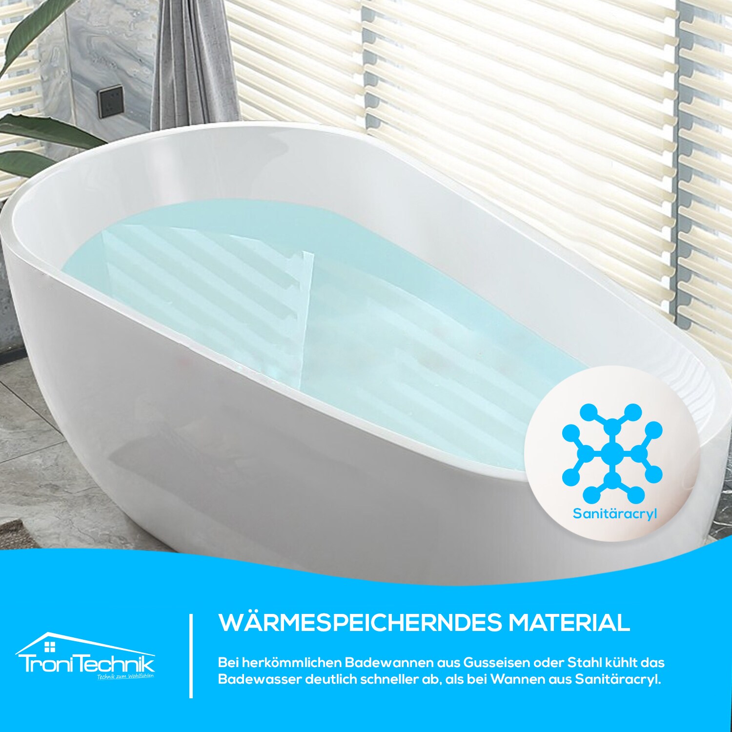 TroniTechnik® Freistehende Badewanne DIA Maße ca. 170 x 80 x 58cm Wanne - Füllmenge 195 Liter, aus Acryl mit Siphon
