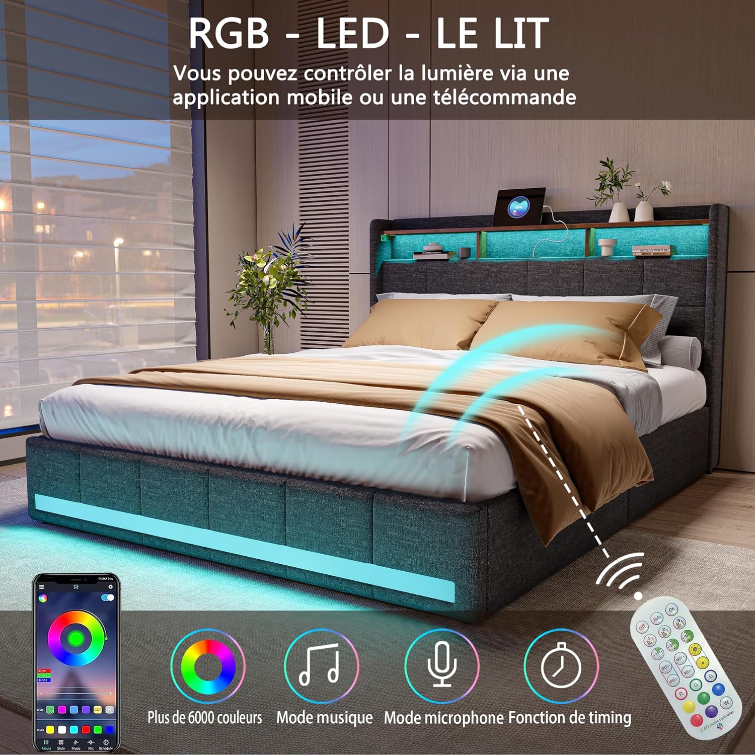 Polsterbett Doppelbett 140x200 cm, Bett 140x200 mit Bettkasten, Stauraumbett mit 4 Schubladen und Lattenrost, Staufach-Kopfteil mit LED-Beleuchtung und Ladestation(2 USB-Anschlüsse,1 Type-C),Leinen