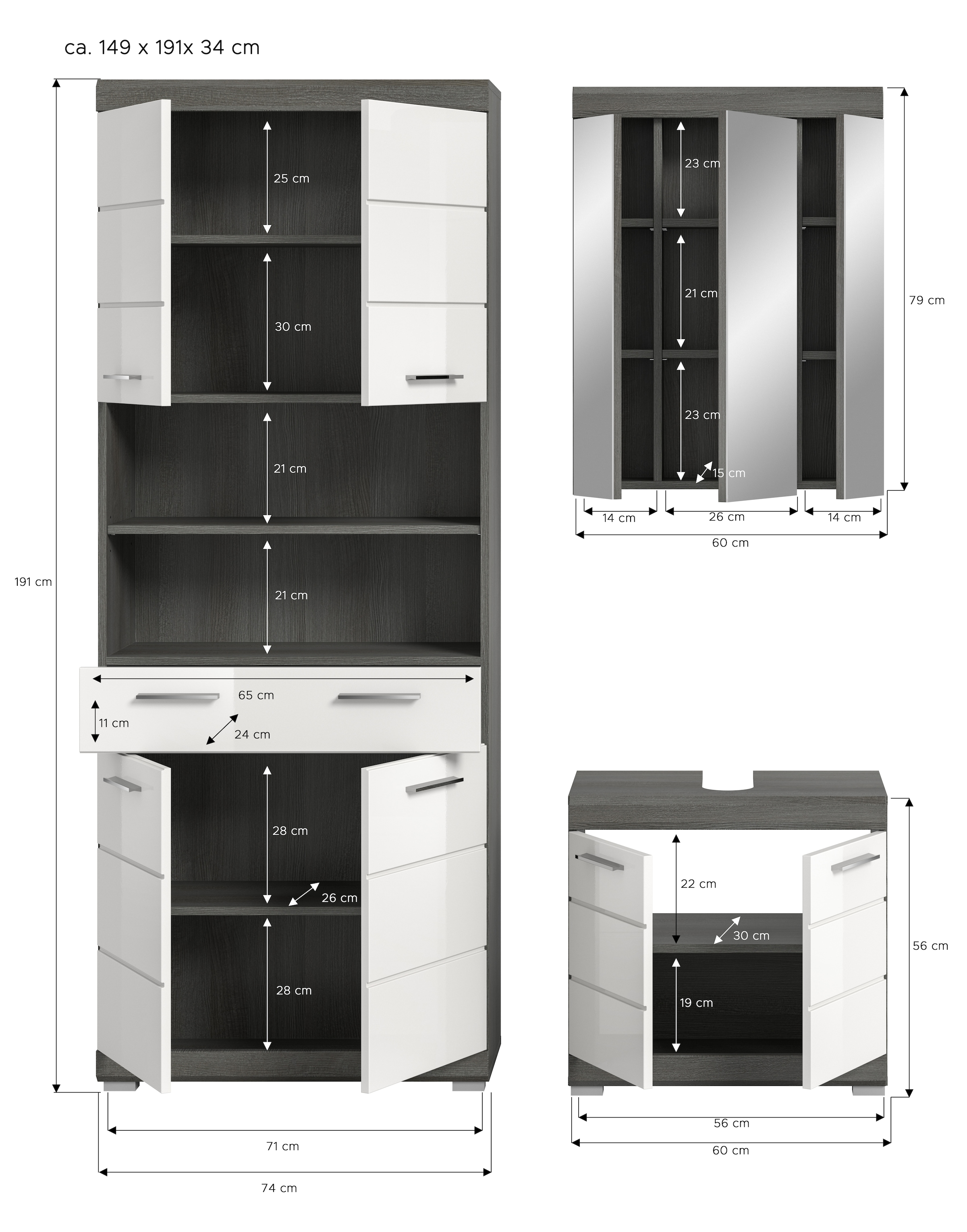 INOSIGN Badmöbel-Set »SIENA, TOPSELLER!, Breite 149cm, 3-teiliges Set« Set, bestehend aus: Hochschrank, Waschbeckenunterschrank & Spiegelschrank, 3 Stk. tlg.
