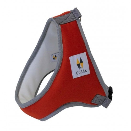 Arnês ergonômico macio em laranja e branco.