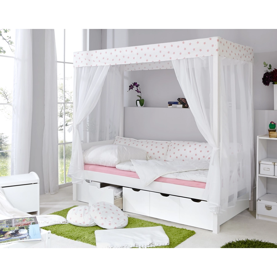 TiCAA Himmelbett Stern weiß-rosa mit 5 Schubkästen