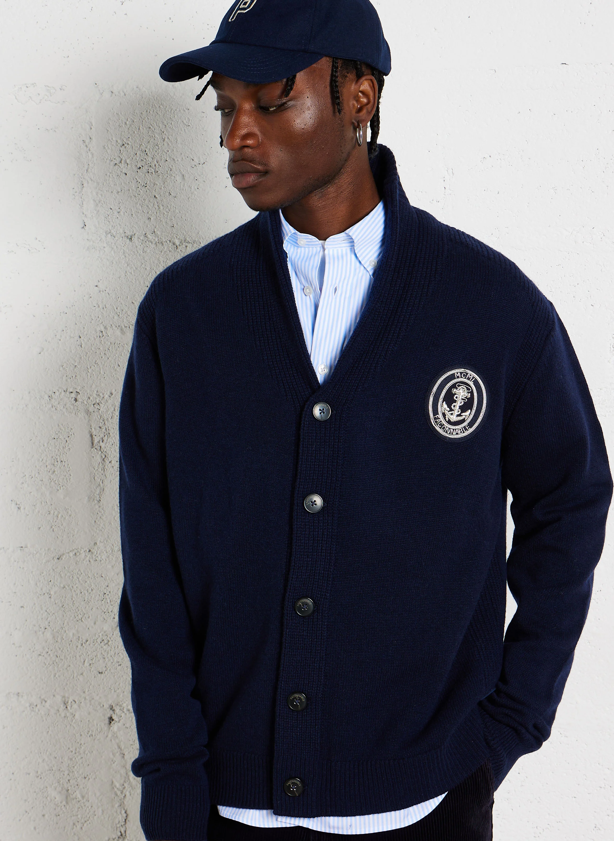 Gilet col v à revers roulé en laine et cachemire mélangés | Bleu
