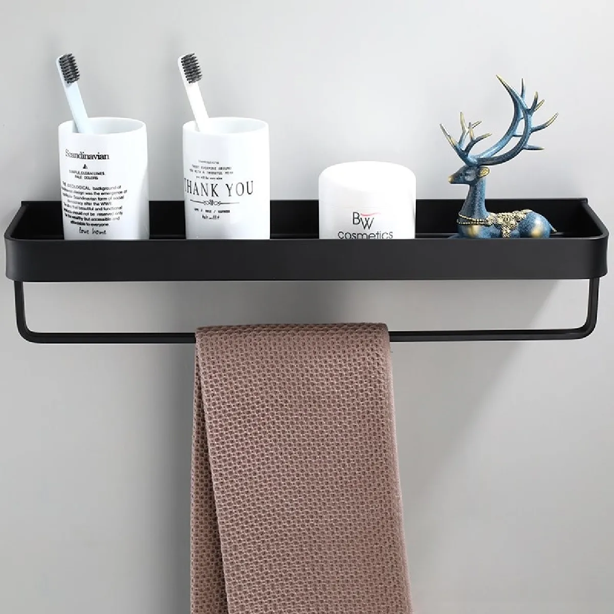 Universal Étagère de douche noir en aluminium - Montage mural et porte-serviettes