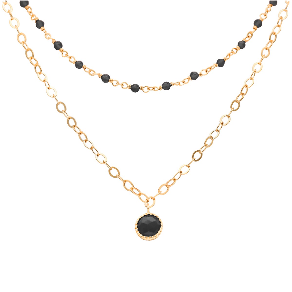 Collier Argent Doré Double Chaine Et Pierres Naturelles Noires