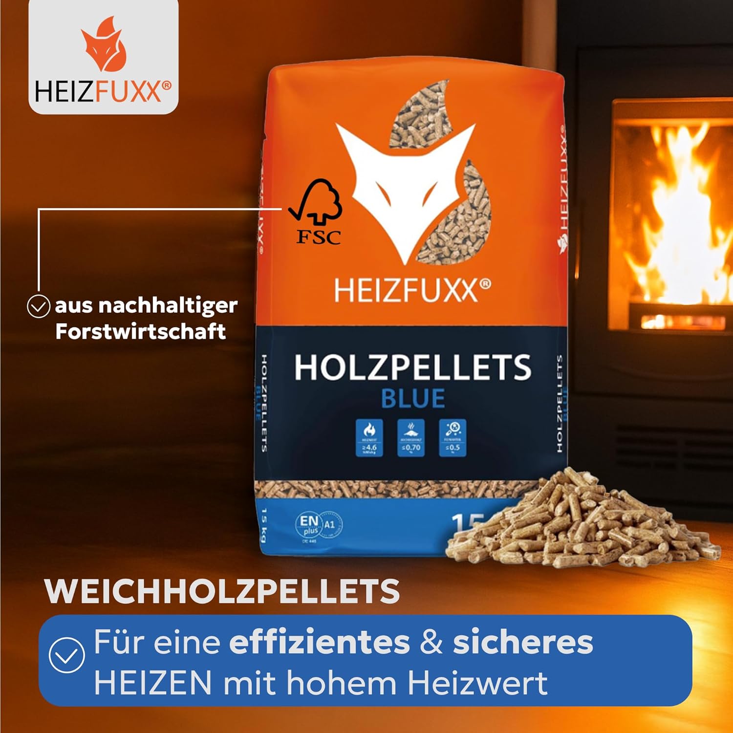 Holzpellets Blue Palette 300 kg (20 x 15 kg) - 6mm Weichholz Pellets mit hohem Heizwert & geringem Ascheanteil - Premium Heizpellets als Sackware für Feuerrohr, Kamin, Ofen oder Grill