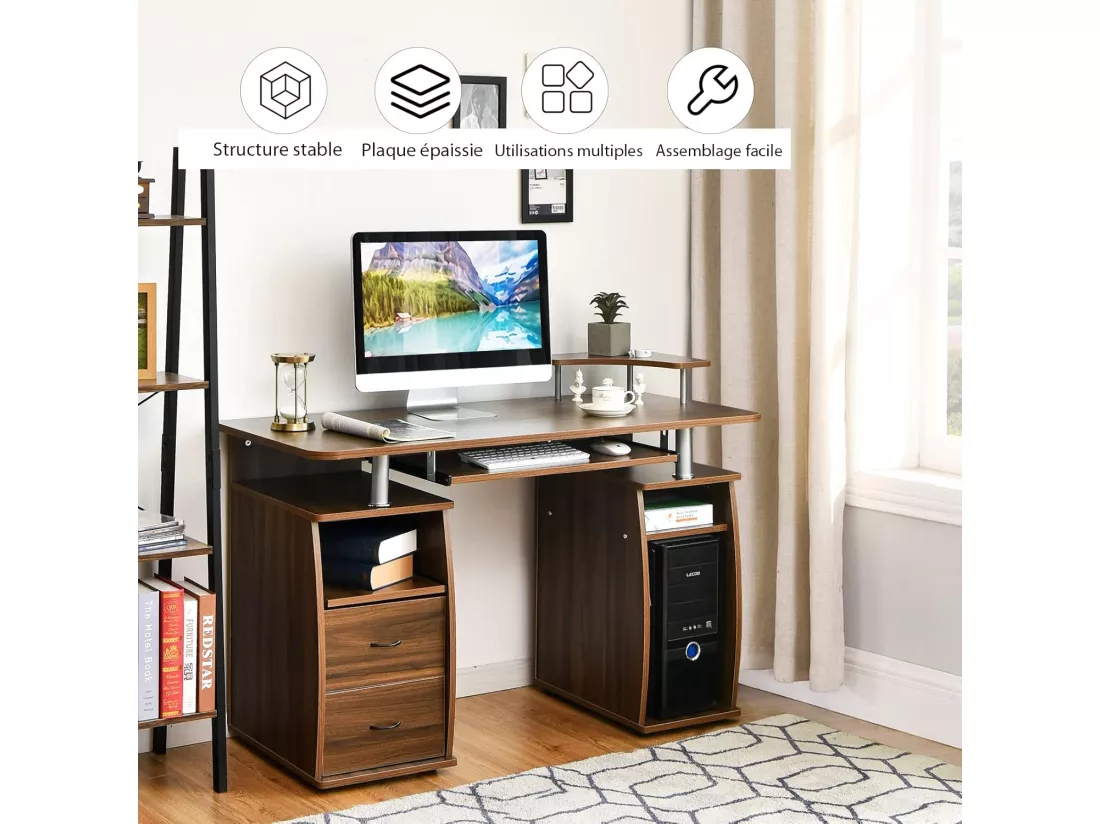 Bureau Informatique Table de Bureau en MDF pour Ordinateur Multi-Rangements avec Tablette Imprimante, Tablette à Clavier Coulissante, 2 Tiroirs 120x55x85cm (Noyer)