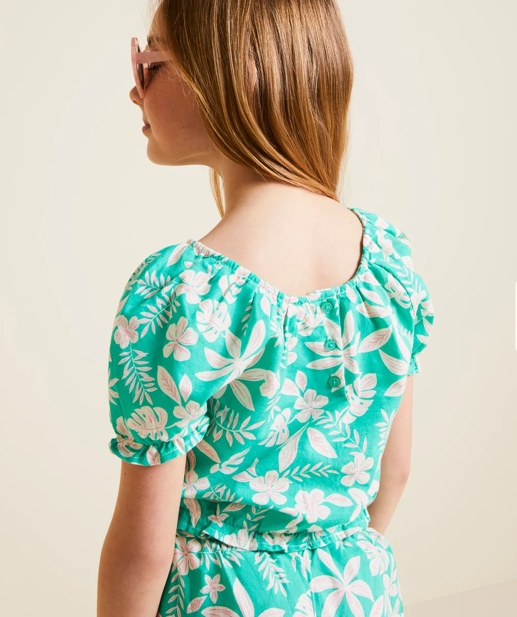 blouse manches courtes fille verte avec imprimé hawaïen