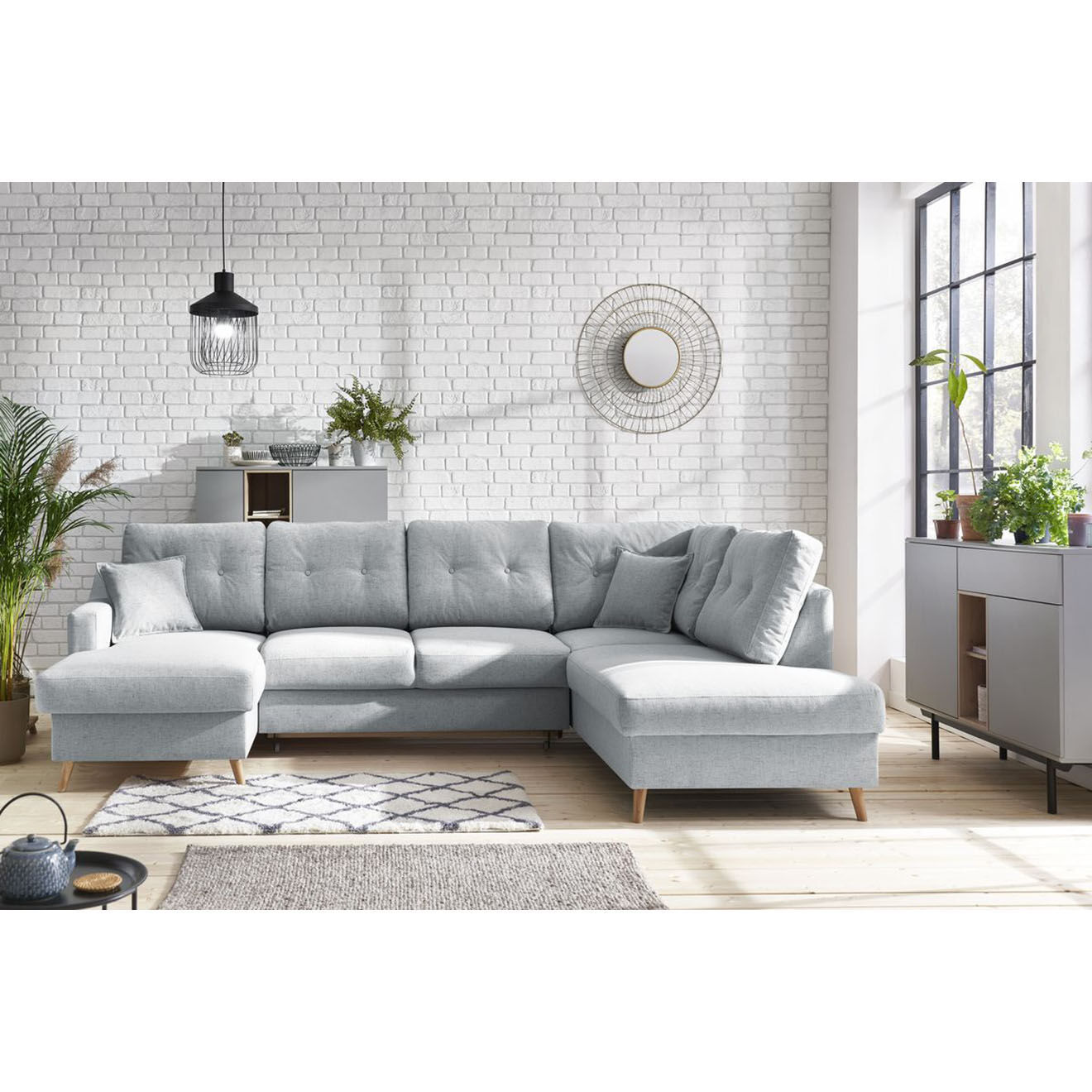 Bobochic Canapé d'angle panoramique convertible gauche Sweden gris clair - 300x149/90/198x95 cm