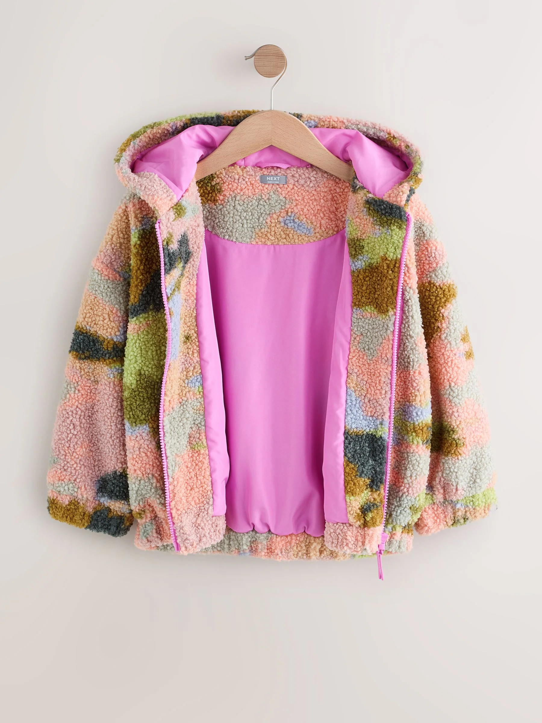 Roze/groen abstract - Fleecejack met rits en capuchon van borg (3-16jr)