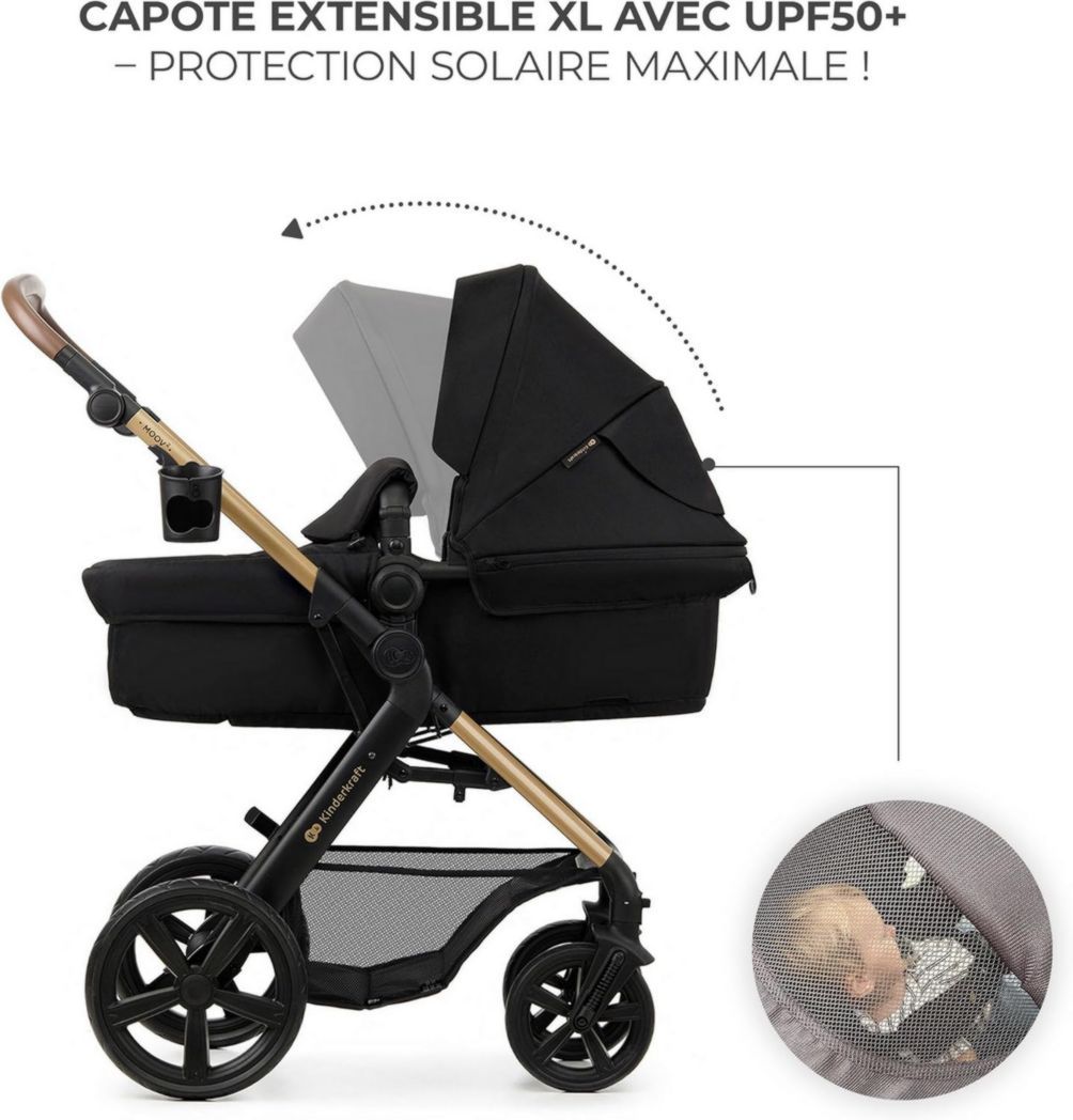 Poussette 3-en-1 Kinderkraft MOOV2, système de voyage de la naissance à 27 kg, siège auto Mink PRO I-Size inclus, pare-soleil extensible avec filtre UPF50+, accessoires pratiques, gris