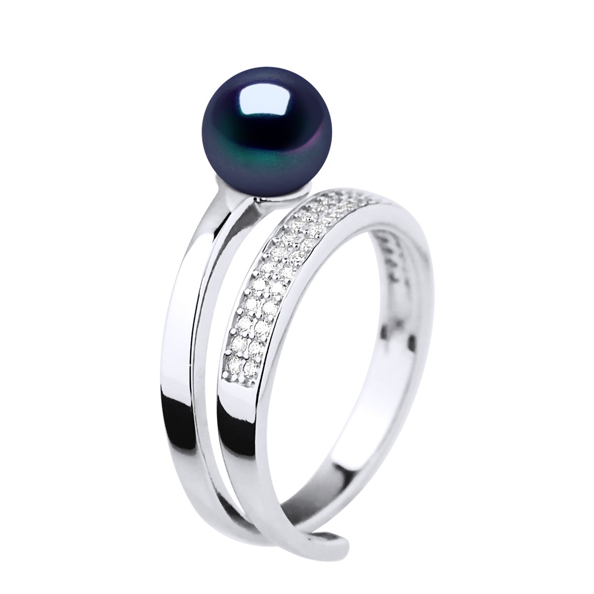 Bague Jonc Ajustable Perle d'Eau Douce Ronde 7-8 mm Noire Joaillerie Argent 925