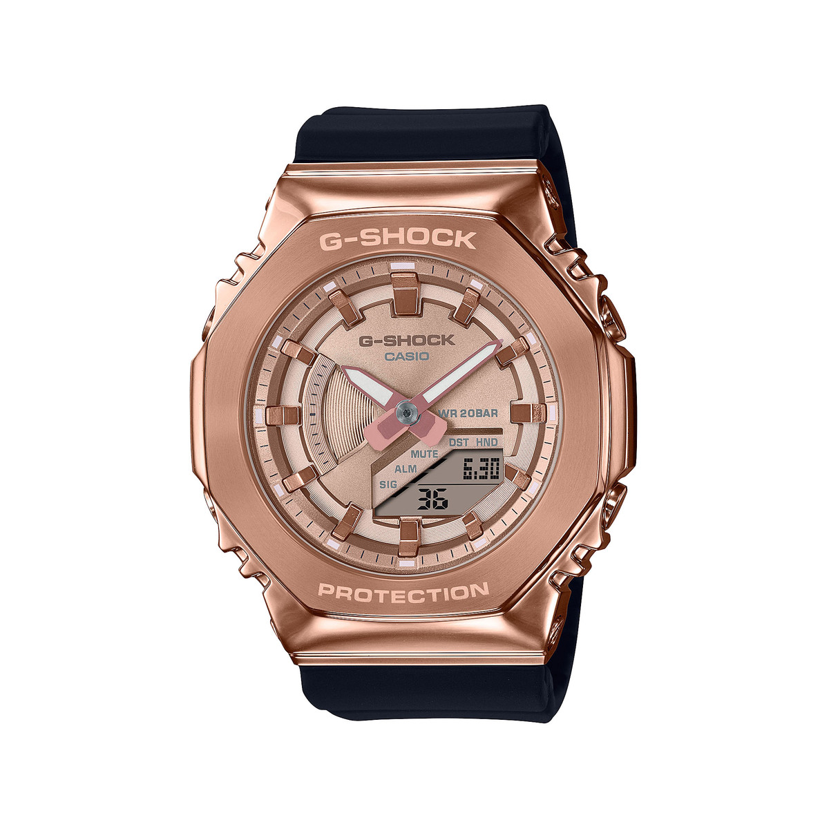 Montre G-SHOCK femme acier doré rose bracelet résine noire