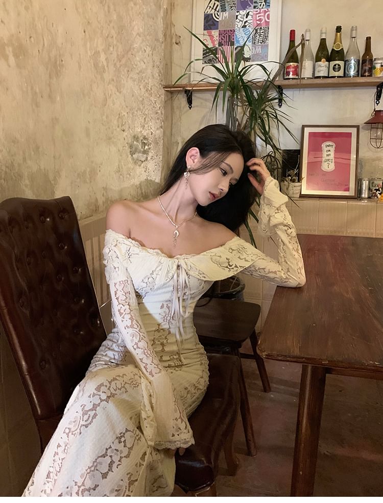 JIYON - Lange mouw off-shoulder maxi-jurk met strik aan de voorkant en kant