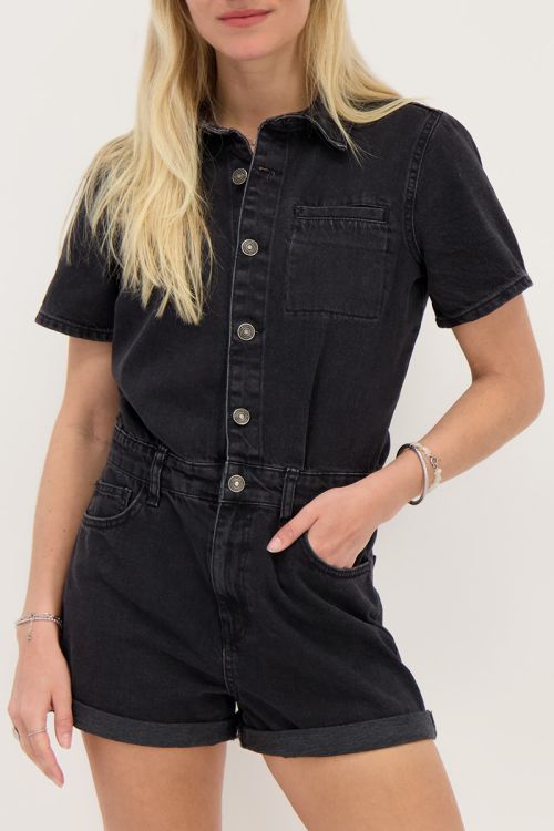 Zwarte denim playsuit met borstzak