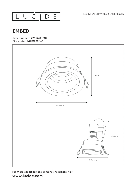 Lucide Embed 1 spot inbouw Ø9 zwart